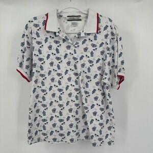 CRYSTAL KOBE Womens Cottagecore Polo Size L Birdhouse Print Novelty Vintage